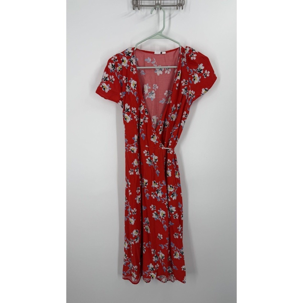 Gap Wrap Dress Women Small Red Floral Short Sleeve Midi V-Neck